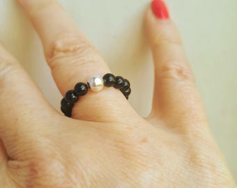 BLACK Tourmaline STRETCH ring Sterling Silver or Gold Fill black gemstone bead ring October Birthstone jewellery gift base root Chakra ring