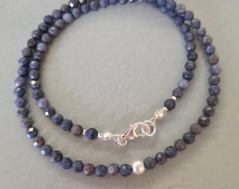 Real Sapphire choker necklace Sterling Silver tiny 4mm blue gemstone bead necklace September Birthstone jewelry 5th & 45th anniversary gift