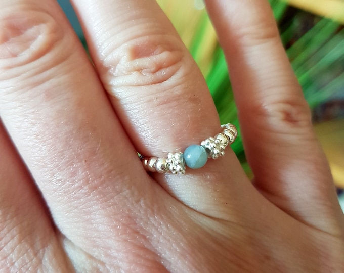 Aquamarine stretch ring Sterling Silveror Gold Fill tiny blue gemstone bead ring - March Birthstone jewellery Chakra Healing Yoga jewelry