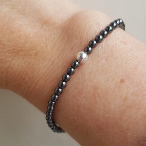 Tiny Black Hematite stretch Bracelet Sterling Silver / Gold 4mm Small black GEMSTONE bead Bracelet beaded Root Chakra yoga jewellery gift