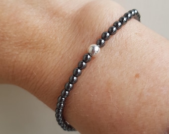 Tiny Black Hematite stretch Bracelet Sterling Silver / Gold 4mm Small black GEMSTONE bead Bracelet beaded Root Chakra yoga jewellery gift