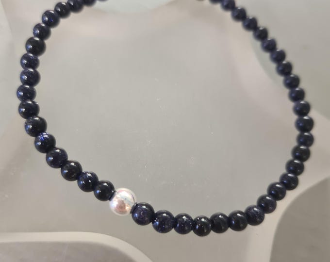 Black Blue Goldstone stretch Bracelet Sterling Silver Gold Fill tiny 4mm Black gemstone bead Bracelet throat Chakra healing jewellery gift