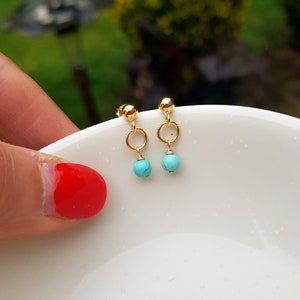 Tiny Turquoise earrings stud small 14k Gold Fill Turquoise gemstone bead drop earrings - December Birthstone jewellery gift for her mum girl