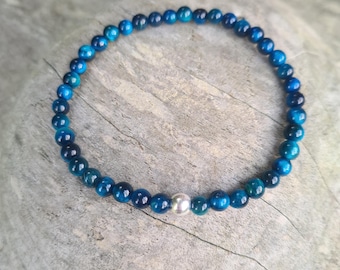 Blue TIGERS EYE stretch Bracelet with Sterling Silver or 14 Gold Fill or No metal accent bead - Solar Chakra jewellery Gift for her or him