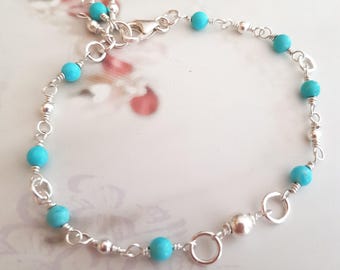 Sterling Silver TURQUOISE BRACELET anklet wire wrapped tiny 4mm blue Turquoise gemstone bead bracelet  December Birthstone jewellery gift