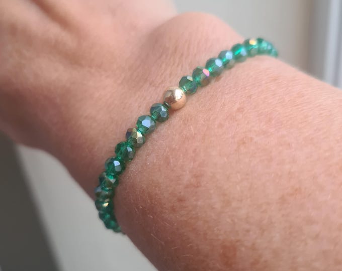 Tiny Emerald green AB crystal stretch bracelet Sterling Silver or 14K Gold Fill 4mm crystal rondelle bead bracelet arthritis jewellery gift