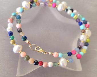 Tiny Multi gemstone necklace choker with real Baroque pearls 925 Silver Gold Fill 4mm rainbow colour gemstone bead handmade jewellery gift