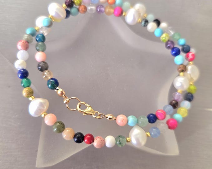 Tiny Multi gemstone necklace choker with real Baroque pearls 925 Silver Gold Fill 4mm rainbow colour gemstone bead handmade jewellery gift