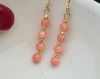 Peach Jade earrings Gold Fill or Sterling Silver tiny blush pink Jade gemstone bead drop earrings peach beaded  jewellery gift for her mum