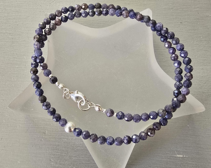 Real Raw Sapphire necklace choker Sterling Silver tiny 3mm navy blue gemstone bead necklace September Birthstone jewelry anniversary gift