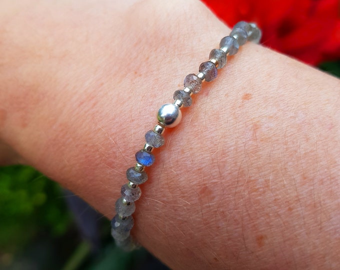 Tiny Labradorite gemstone bead stretch bracelet  with Sterling Silver or Gold Fill accent bead - Healing Jewellery gift for her or him