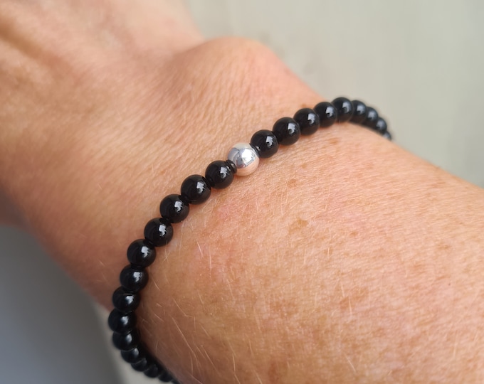 Tiny Black Onyx stretch Bracelet Sterling Silver or Gold Fill 4mm black GEMSTONE bead Bracelet stacking - February Birthstone jewellery gift