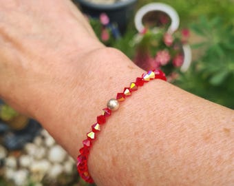 Tiny Red AB crystal stretch bracelet with Sterling Silver or 14K Gold Fill bead Siam red bead bracelet stacking jewellery gift for mum girl