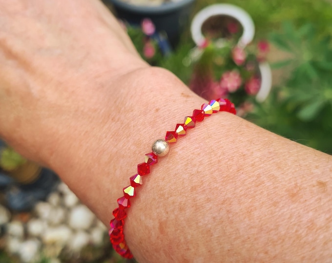 Tiny Red AB crystal stretch bracelet with Sterling Silver or 14K Gold Fill bead Siam red bead bracelet stacking jewellery gift for mum girl