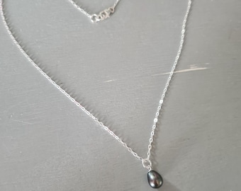 Black Freshwater Pearl drop necklace choker Sterling Silver real Peacock pearl teardrop pendant necklace June Birthstone jewellery gift her