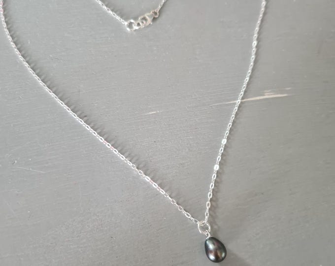 Black Freshwater Pearl drop necklace choker Sterling Silver real Peacock pearl teardrop pendant necklace June Birthstone jewellery gift her