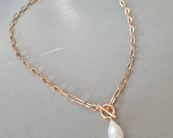 Waterproof Gold Baroque Freshwater Pearl necklace choker toggle clasp large pearl Gold Paperclip Chain REAL Pearl jewellery gift for her
