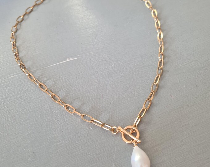 Waterproof Gold Baroque Freshwater Pearl necklace choker toggle clasp large pearl Gold Paperclip Chain REAL Pearl jewellery gift for her