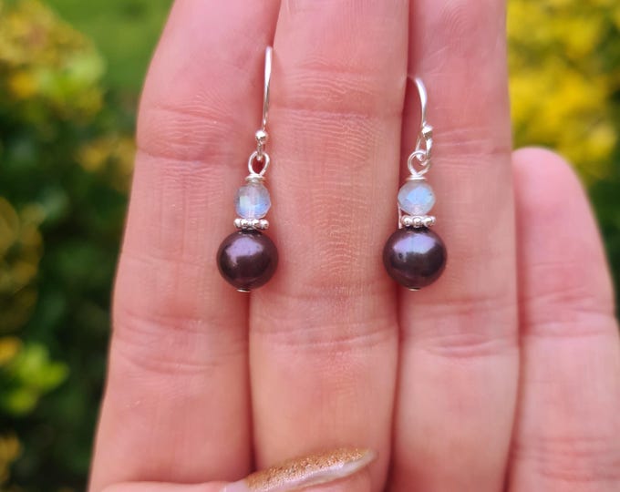 Peacock Freshwater pearl drop earrings with Labradorite Sterling Silver or 14K Gold Fill real black pearl June Birthstone jewellery gift her