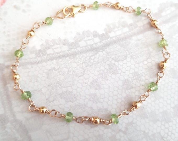 Tiny PERIDOT bracelet Gold Fill / Sterling Silver wire wrapped real green gemstone August Birthstone jewellery gift 16th wedding anniversary