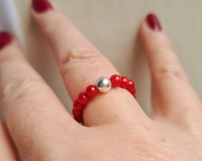 RED CORAL stretch ring with Sterling Silver or 14K Gold Fill accent bead - Boho ring  Healing Yoga jewelry Root chakra jewellery gift