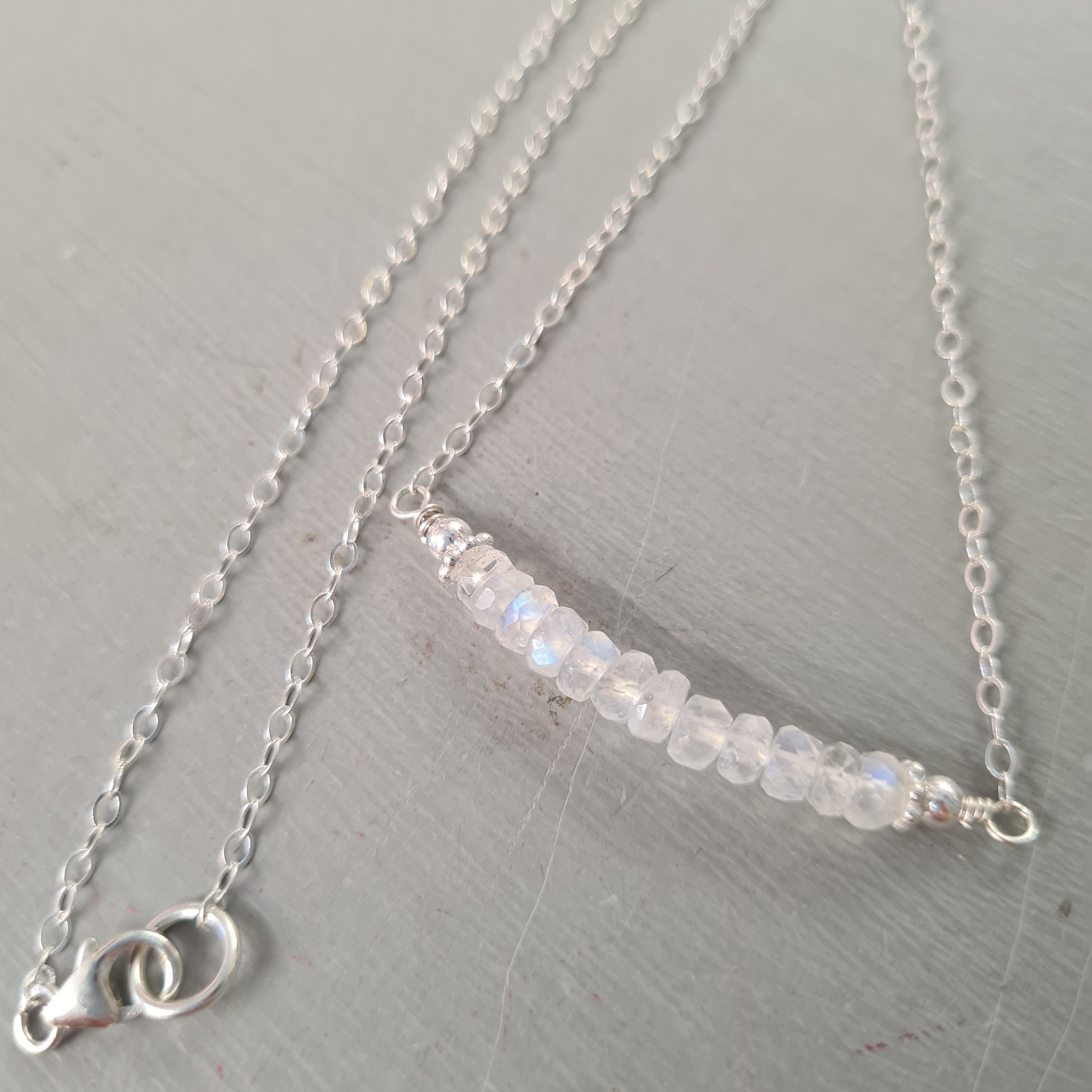 Rainbow Moonstone Bead Bar Necklace Sterling Silver Rainbow Moonstone Bead Bar Necklace Sterling Silver