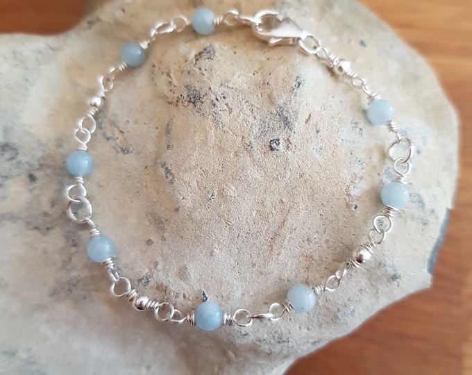 Tiny AQUAMARINE Bracelet Sterling Silver 4mm blue gemstone Bead Bracelet beaded Rosary wire wrap March Birthstone jewelry gift healing yoga