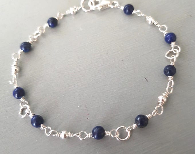 Blue LAPIS LAZULI Bracelet Sterling Silver or Gold Fill 4mm tiny blue gemstone Bead Bracelet wire wrap September Birthstone jewellery gift
