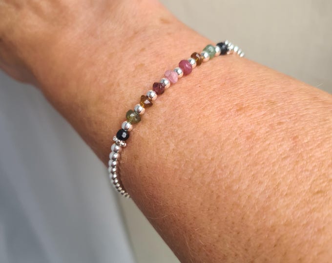 Tiny Watermelon Tourmaline Bracelet Sterling Silver Tourmaline gemstone bead bracelet October Birthstone jewellery gift 8th anniversary gift