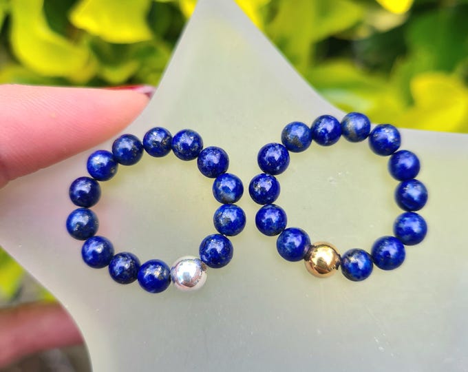 BLUE LAPIS LAZULI stretch ring Sterling Silver or Gold Fill 4mm Blue gemstone bead ring chakra stacking September Birthstone jewellery gift