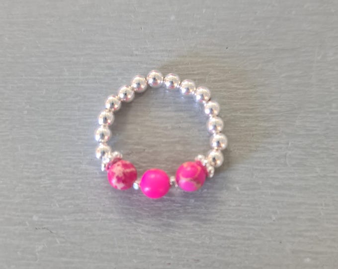 Pink Jasper gemstone bead stretch ring Sterling Silver or Gold Fill - beaded stacking ring YOGA Chakra jewellery gift