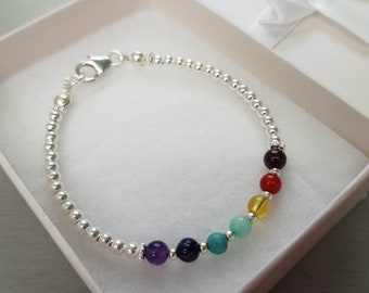 7 CHAKRA Bracelet Sterling Silver tiny gemstone bead Bracelet 4mm small beaded Bracelet YOGA bracelet Chakra jewelry Boho jewellery gift