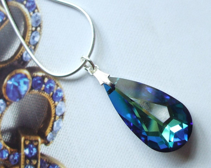 Bermuda Blue Swarovski Crystal pendant Necklace - Sterling Silver chain and length of choice