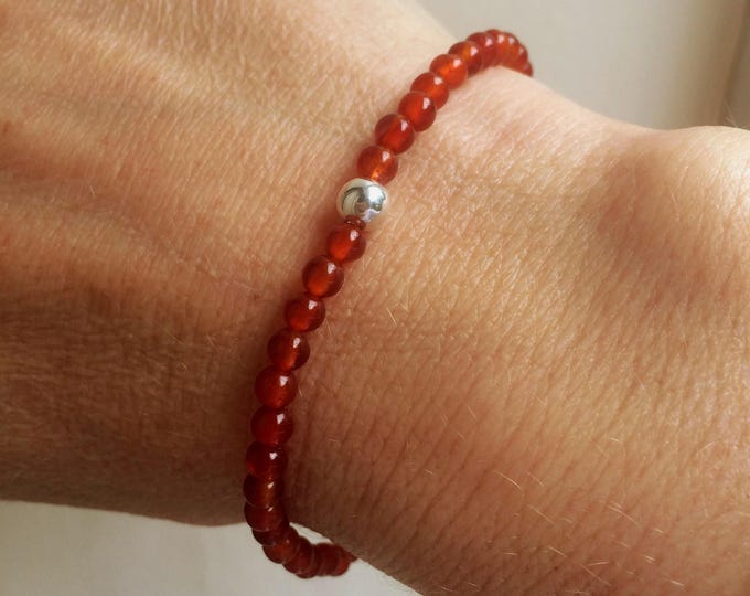 Tiny 4mm orange Carnelian gemstone bead STRETCH Bracelet with Sterling Silver or Gold Fill bead Sacral Chakra July Birthstone Jewellery gift