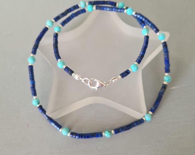 Tiny Lapis and Turquoise necklace choker Sterling Silver / Gold Blue gemstone bead necklace Lapis Lazuli September Birthstone jewellery gift