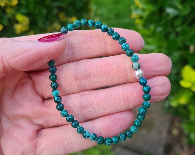 Emerald Green Jasper stretch bracelet Sterling Silver or Gold Fill tiny 4mm green gemstone bead bracelet small Beaded Jasper jewellery gift