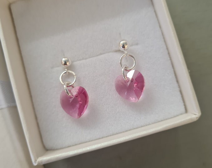 Pink crystal heart earrings Sterling Silver or 14K Gold Fill small drop Rose pink Swarovski Crystal jewellery gift teenage girl mum sister