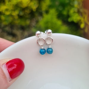 Blue Apatite earrings Sterling Silver or Gold Fill stud tiny 5mm blue gemstone bead drop earrings Chakra jewellery gift for her girl mum him