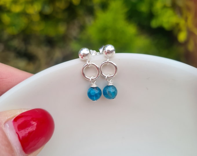 Tiny blue Apatite gemstone bead drop earrings Sterling Silver or Gold Fill stud - throat Chakra jewellery gift for her girl