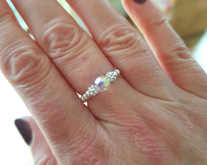 Silver Stretch Ring - with AB Swarovski crystal, Sterling Silver Beads Ring Elastic Ring, Beaded Stretch Ring Stackable stretch ring gift