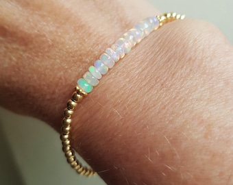 Real Ethiopian OPAL stretch Bracelet 14K Gold Fill tiny 4mm gemstone bead Bracelet OCTOBER Birthstone jewellery gift Welo Opal jewelry