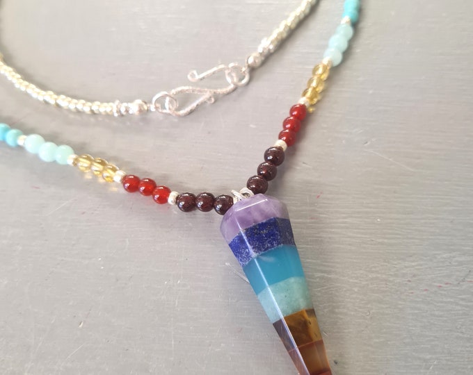 7 CHAKRA gemstone bead necklace long rainbow bead necklace and pendant multi crystal beaded necklace Chakra jewellery Boho jewelry Yoga gift