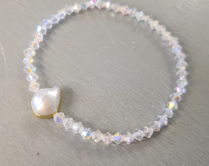 AB Crystal and Baroque Pearl stretch bracelet Gold AB crystal stacking bead bracelet Boho Crystal bridal jewellery June Birthstone gift her