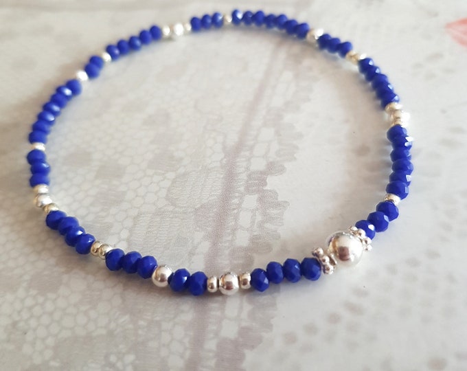 Tiny blue crystal stretch bracelet Sterling Silver or Gold Fill small Royal blue beaded bracelet seed bead bracelet stacking jewellery gift