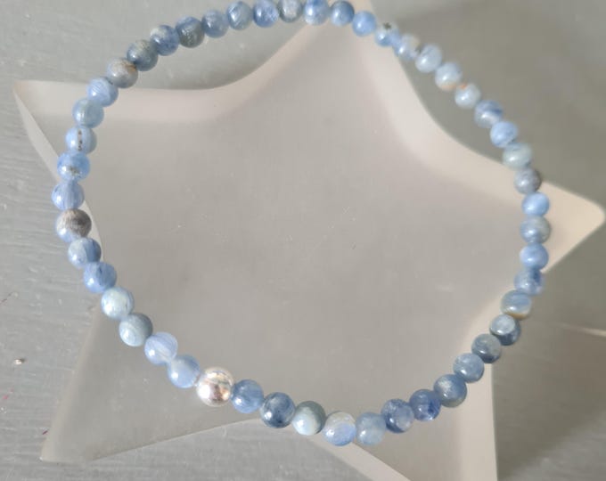 Tiny 4mm blue grey KYANITE gemstone bead stretch Bracelet with Sterling Silver or 14K Gold accent bead - throat Chakra jewellery gift