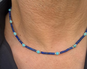 Lapis and Turquoise necklace for men tiny Blue gemstone bead necklace for him Lapis Lazuli September Birthstone jewellery gift for men boy