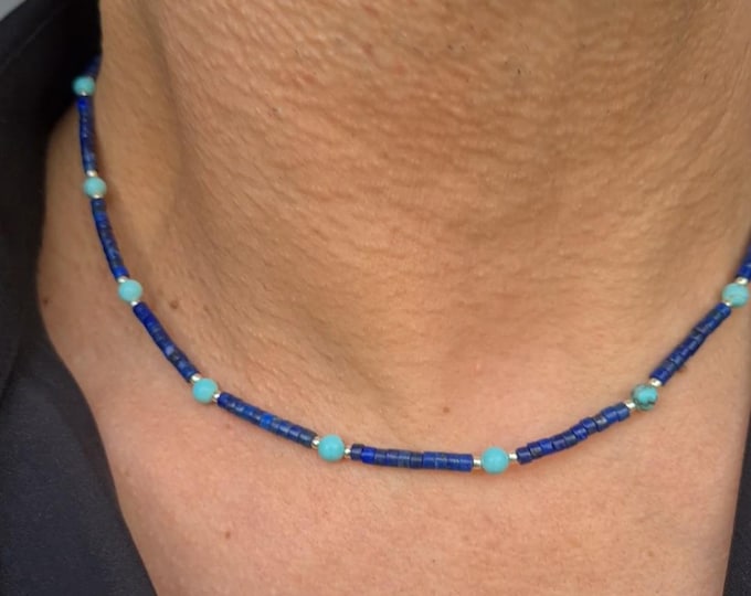 Lapis and Turquoise necklace for men tiny Blue gemstone bead necklace for him Lapis Lazuli September Birthstone jewellery gift for men boy