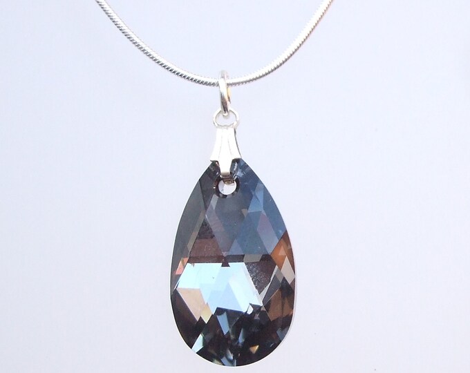 Black Swarovski Crystal teardrop Necklace Sterling Silver black crystal teardrop pendant vintage Black Swarovski crystal Jewellery gift