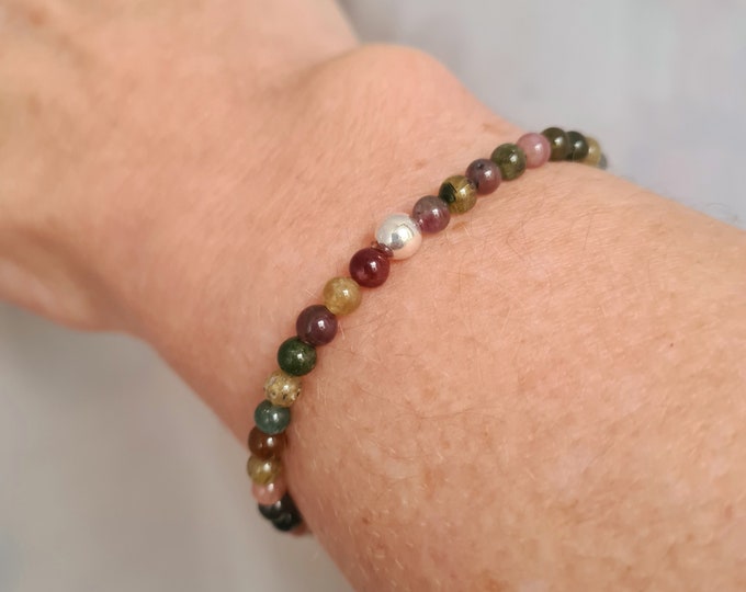 Tiny Watermelon Tourmaline STRETCH Bracelet Sterling Silver or Gold Fill 4mm genuine gemstone bead bracelet October Birthstone jewelry gift