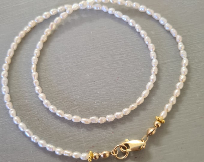 Tiny Freshwater seed rice Pearl choker necklace in Sterling Silver or Gold Fill - June Birthstone jewellery gift for girl mum sister